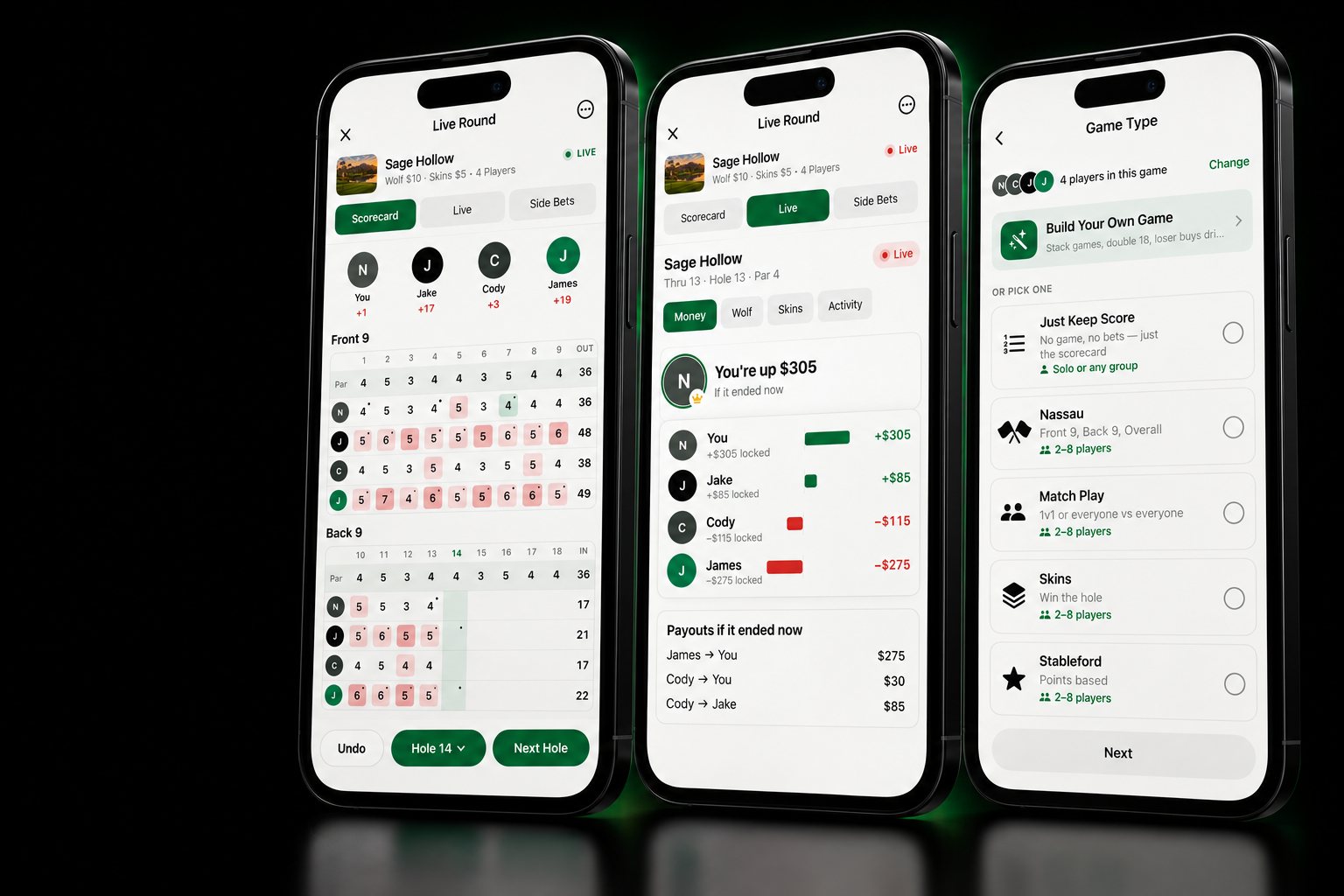 bagboy on three phones: the hole map, the group scorecard and Create Game