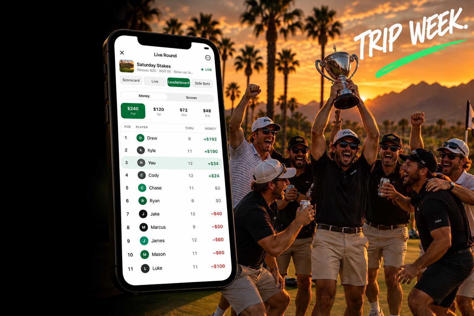 A bagboy tournament leaderboard on a phone, the crew with a trophy at sunset