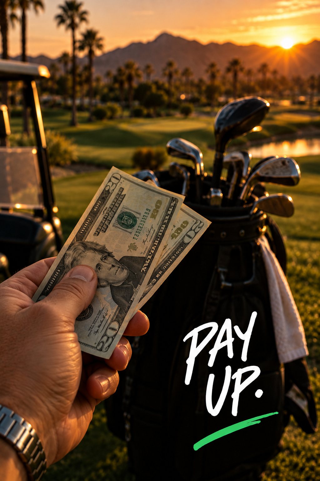 Cash on the grass in front of a golf bag
